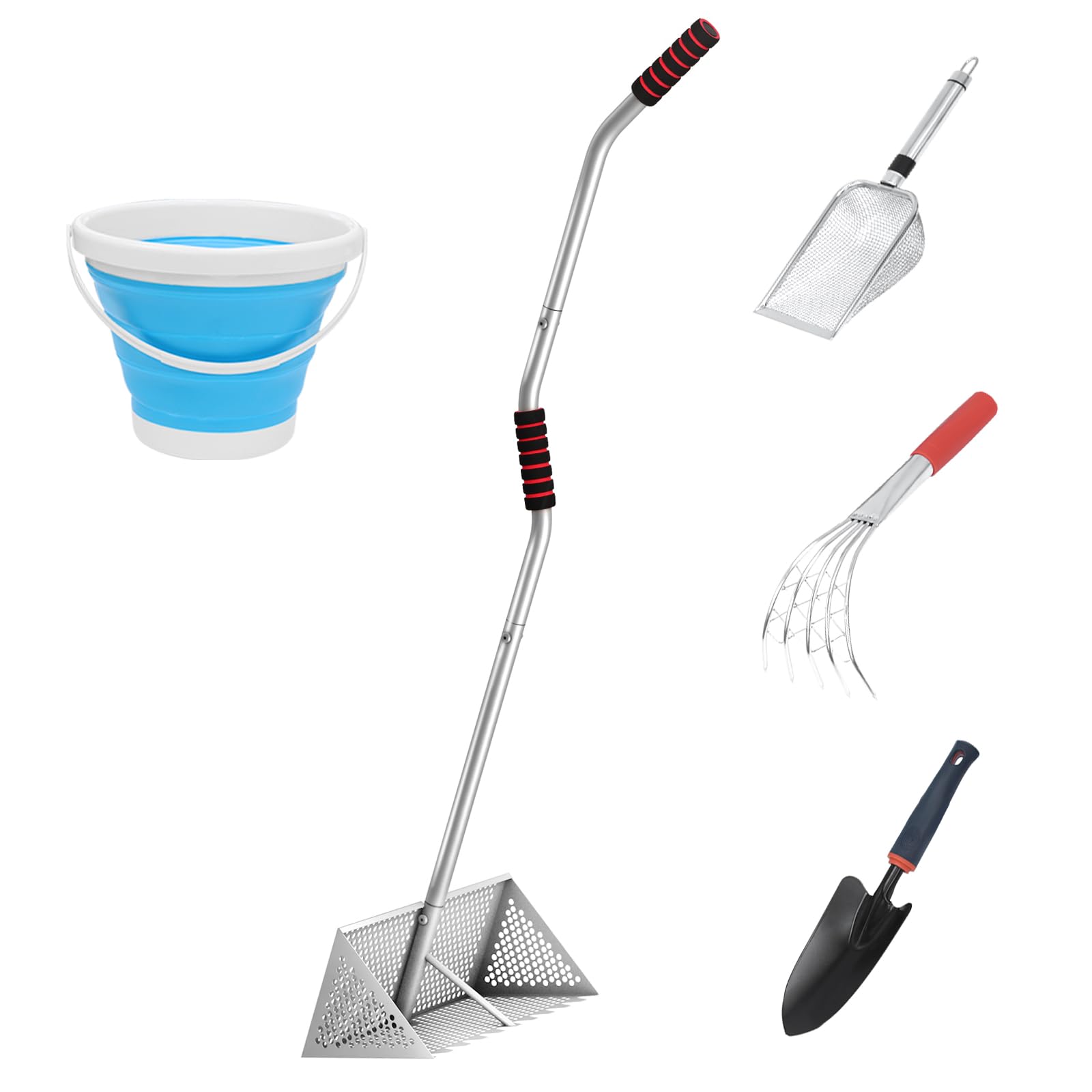 Photo 1 of Arejonner Beach Sand Flea Rake, 304 Stainless Steel, 16'' Basket with Sharp Teeth, 60" Ergonomic Handle | Equipped with Clam Rake, Sand Flea Sifter, Black Beach Shovel and 5L Bucket