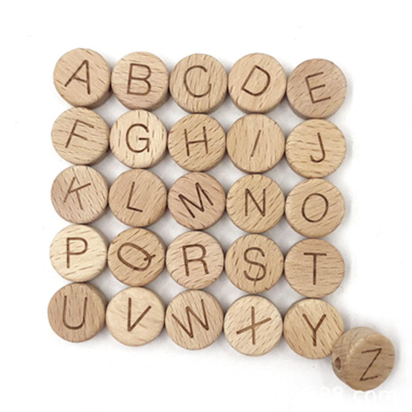 HERZWILD 52pcs Round Loose Beads,Oblate Wooden Alphabet Letter Beads,15 mm for Crafts (B)