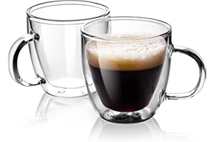 Stylusella Double Wall Espresso Cups 5oz/150ml, A Set of 2, Thermo Insulated Borosilicate Glass Cups with Handle, Double-Wall