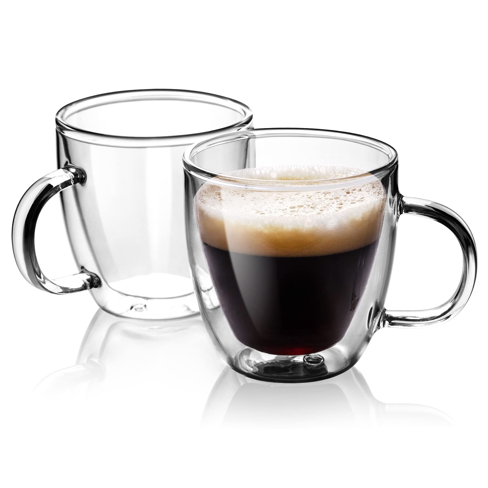 Stylusella Double Wall Glass Coffee Cups 5oz / 150ml, Set of 2 Insulated Coffee Mugs with Handles, Tazas de Café Con Estilo