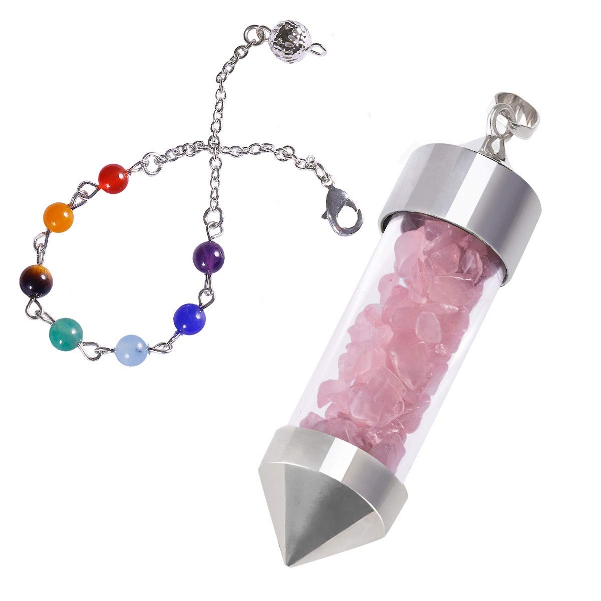 mookaitedecor Rose Quartz Crystal Pendulum Bottle Crystal Pendant Necklace Chips Crystal Point Pendulum for Dowsing Scrying Divination Reiki Healing Crystal Pendulum with 7 Chakra Bead Chain