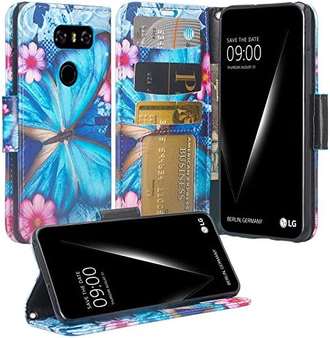 For LG V35 Thinq/LG V30, Phonelicious Case Wallet PU Leather Premium Pouch ID Credit Card Cover Flip Folio Book Style with Money Slot +Pen (BLUE BUTTERFLY)