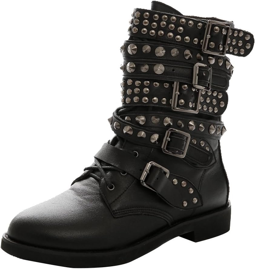 AOOAR Women's Studded Strappy Flat Short Boots