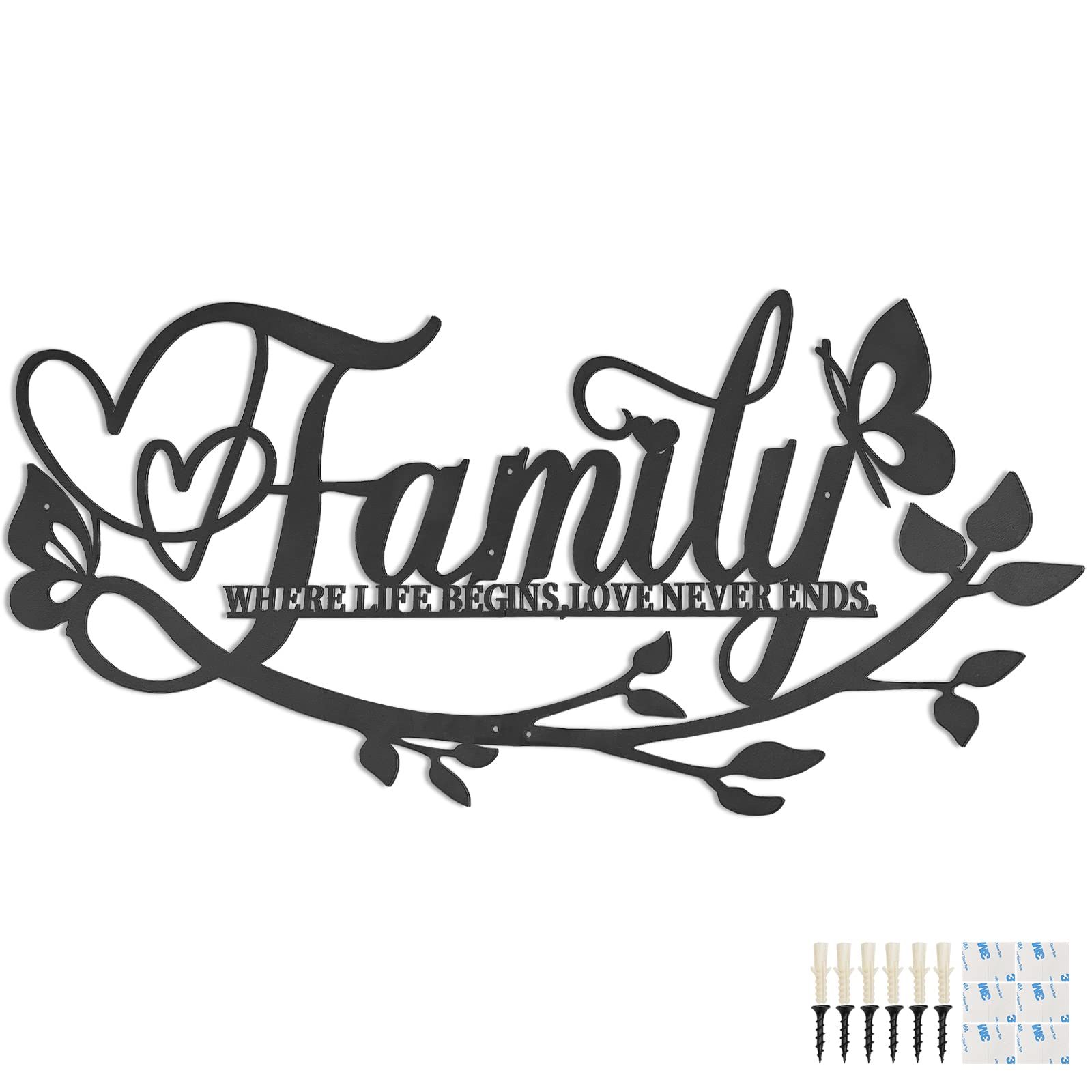 Photo 1 of Family Where Life Begins Love Never Ends Word Sign Metal Wall Decor, 27x14in Large Black Iron Wall Art Plaque Decorations, Letters Quotes Wall Hanging Décor for Living Room Bedroom