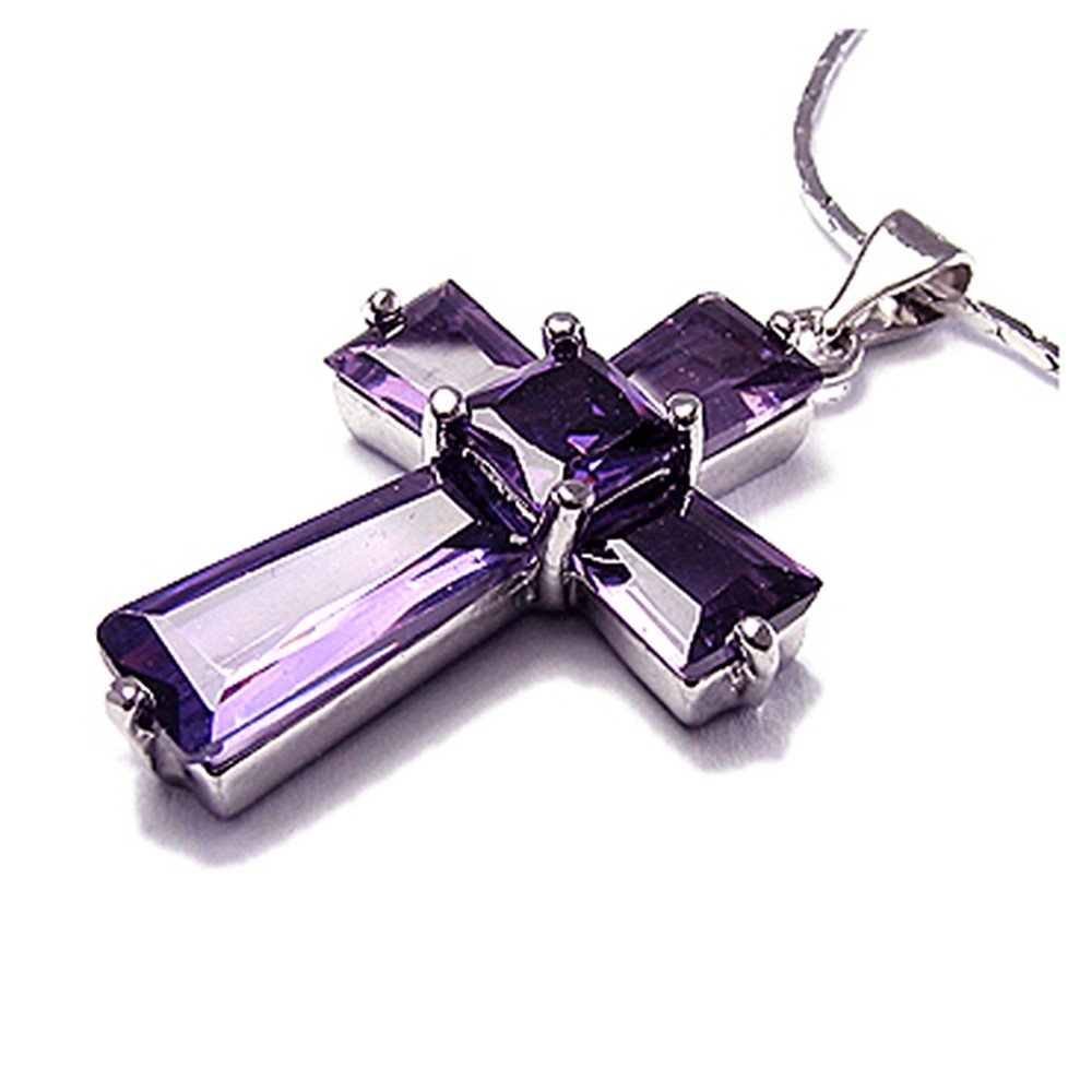 RIZILIA Crucifix Cross Pendant with 45cm(18") Chain & Trapezoid Square Cut Gemstones CZ [Purple Amethyst] in 18K White Gold Plated, Simple Modern Elegance