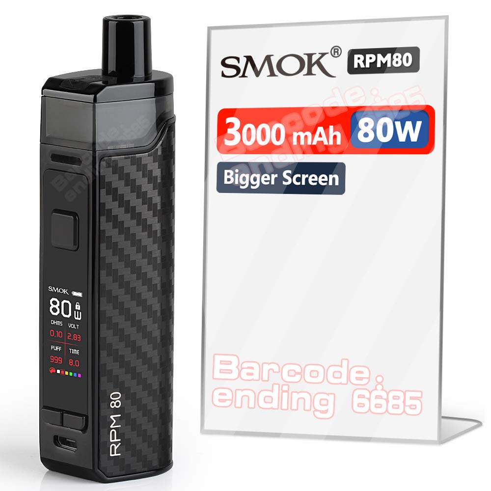 Official SMOK E Cigarettes RPM80 Kit with Built-in 3000mAh Battery, 80 Watts, 0.96' TFT Colorful Display, 2ml Pod, Mesh 0.4ohm and RGC 0.17ohm - Black Carbon Fiber (UK) No Nicotine