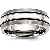 JewelryWeb Titanium Brushed Oxidized Sterling Inlay Brush/Antique 8mm Band Ring for Women and Men