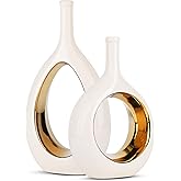 White and Gold Vase Ceramic White Vases Home Decor,Modern Minimalist Circle with Hole Decorative Vase, Hollow Ellipse Flower 
