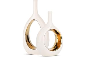 LCCCK White and Gold Vase Ceramic White Vases Home Decor,Modern Minimalist Circle with Hole Decorative Vase, Hollow Ellipse Flower vases for Bookshelf, Fireplace Mantle, Centerpieces,Farmhouse,Rustic Décor