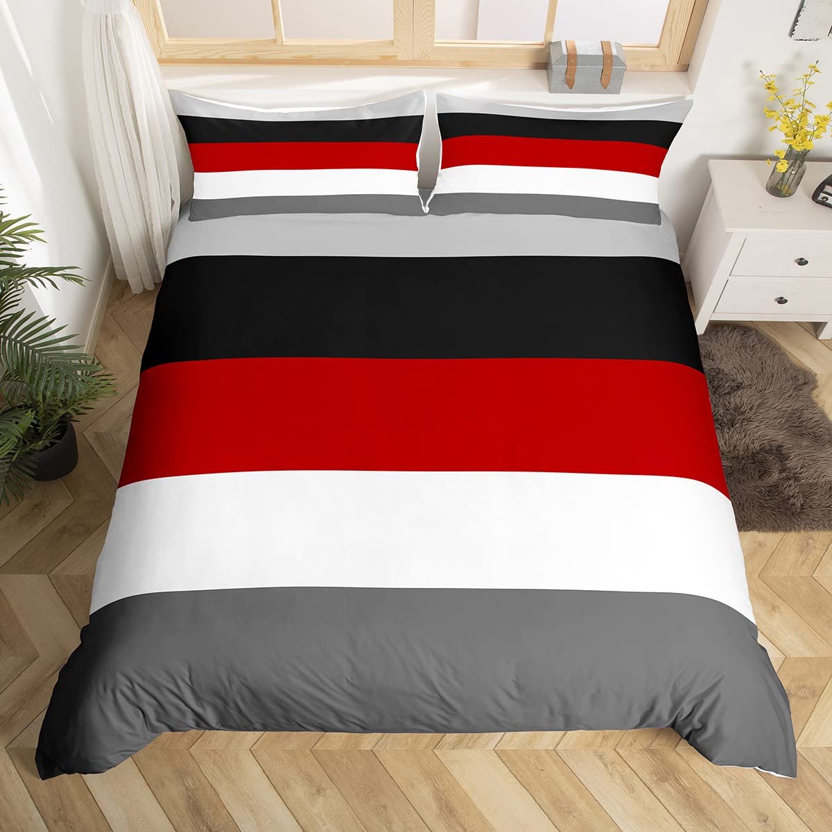 Homewish Red Black Stripes King Size Duvet Cover Set with 2 Pillowcases - 100% Soft & Breathable Polyester, Zip Closure - Geometric Striped Bedding - Modern Simple Pattern with Black Reverse — image 1