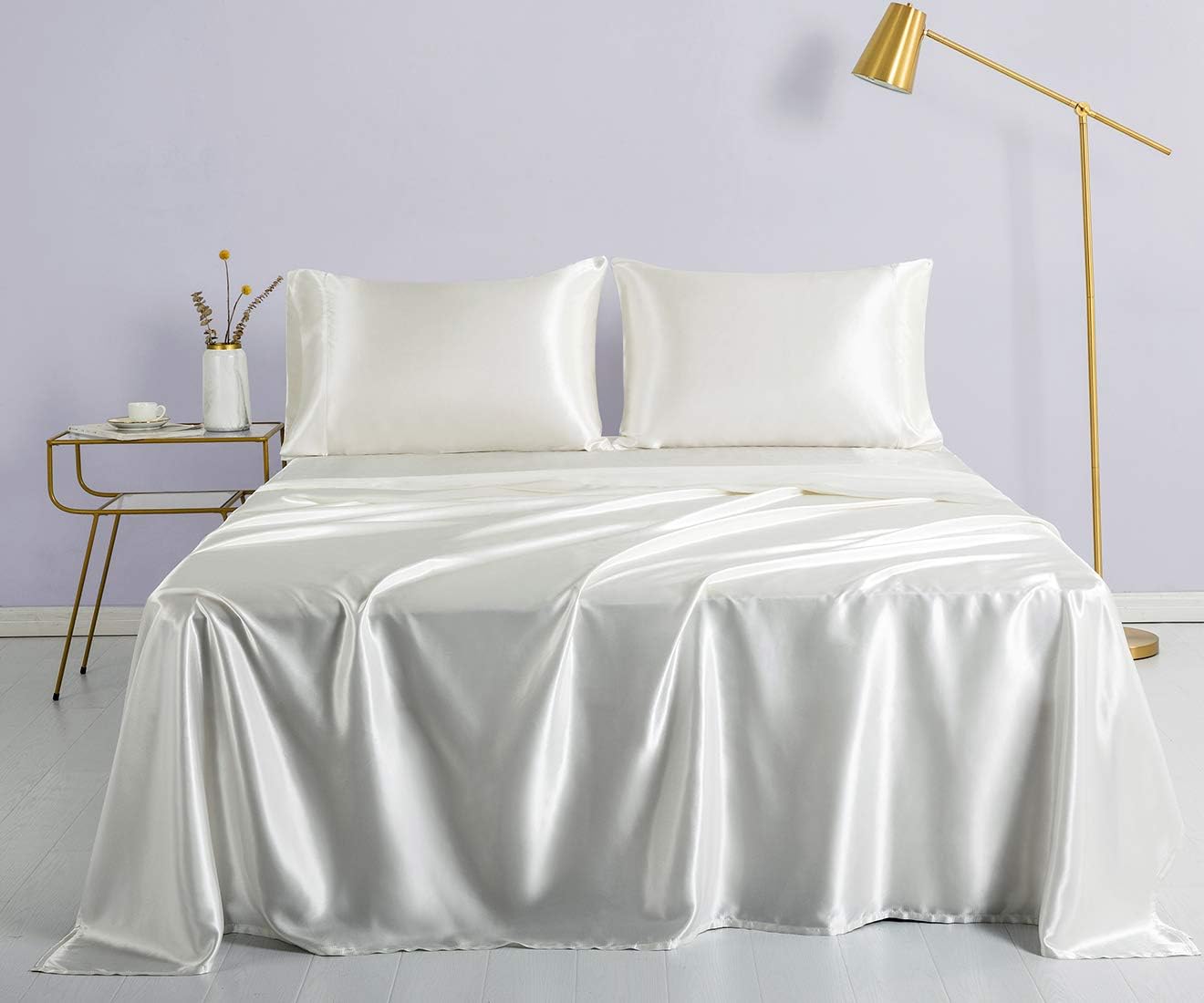 RUDONMG Satin Sheets Queen Size Bed Sheets Silky Satin Sheets - 4 Pcs Extra Soft Comfy Bed Sheet Sets with Deep Pocket Fitted Sheet, Flat Sheet, Pillowcases (Queen, Ivory White)