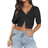 Ezbelle Summer Women's V Neck Cardigan Sweater Knit Sexy Short Sleeve Tops Crop Button Down Shirt 2026