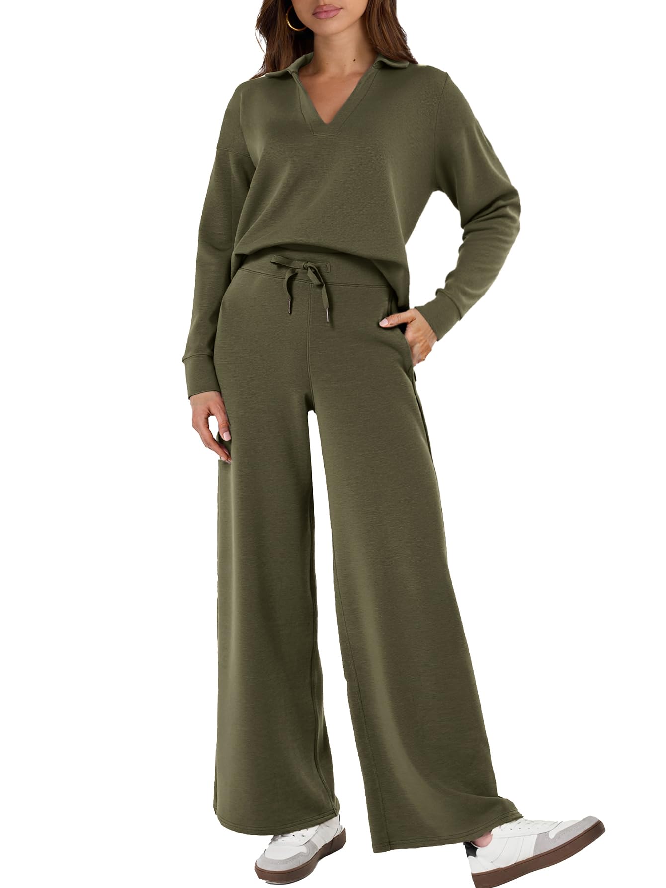 Photo 1 of Glamaker Fall Outfits For Women 2024 Long Sleeve Two Piece Sets V Neck Lounge Sets 2 Piece Sweat Set (Army Green XL)