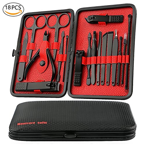 Manicure Pedicure Suit Kit - 18 PCS Black Stainless Steel Matte Nail Clippers Set, 18 in 1 Professional Grooming Kit with Toenail Nipper, Nail Tools with Black Travel Case, Facial Care Tools