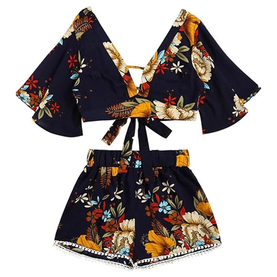 Women'S 2 Pcs Floral ohemian V Neck Crop Tops+Shorts Set Outfit Suit