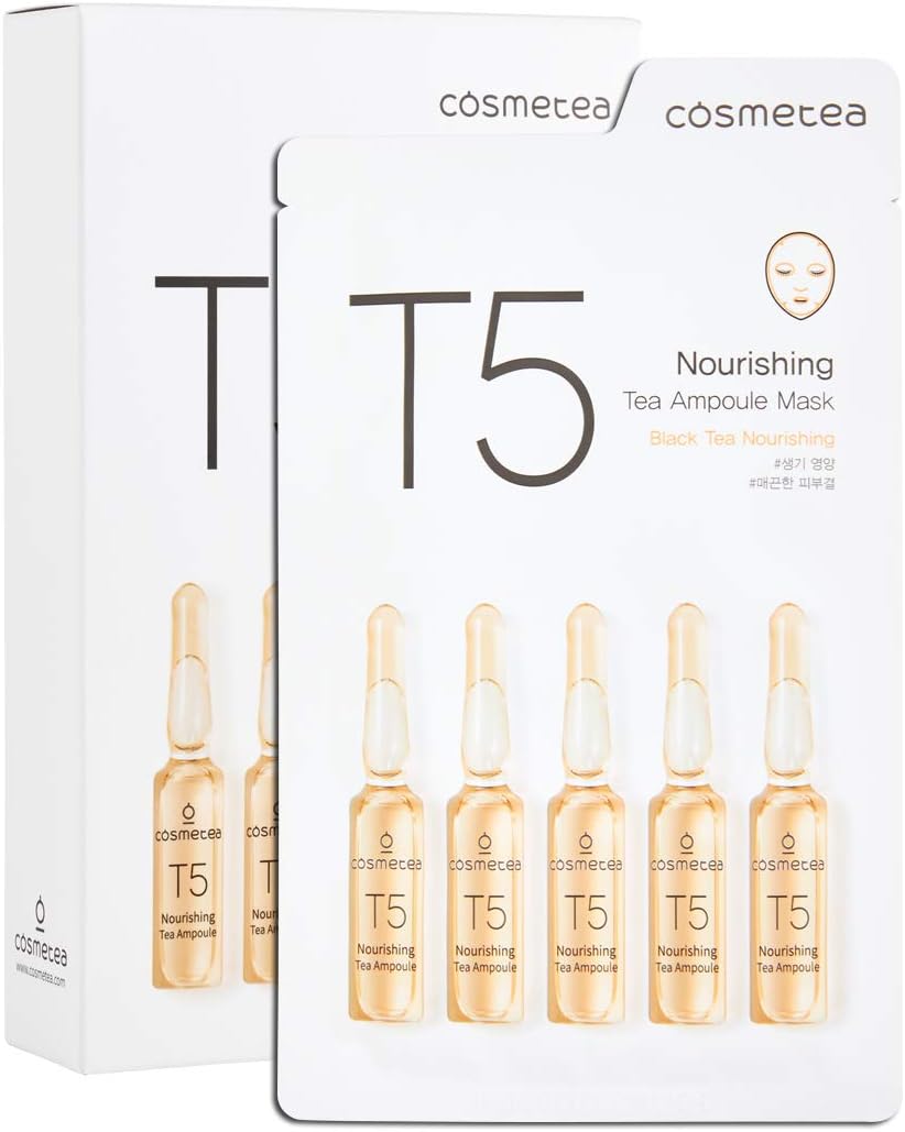 COSMETEA Korean Essence Face Mask - T5 Black Tea Nourishing Ampoule Full Facial Masks 10 Pack Treatments, Care Your Skin Anti-Aging, Anti-Wrinkle, Purifying, Moisturizing for Women and Men