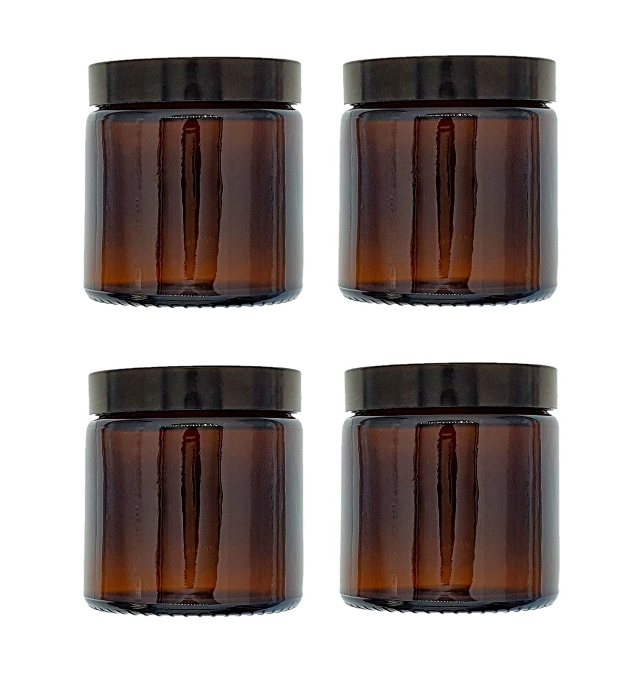Avalon Cosmetic Packaging 120ml Amber Glass Cosmetic Jars with Black Lids - Pack of 4. Empty Refillable Containers Suitable for Candles, Aromatherapy Blends/Creams, Herb Stash, Cosmetics etc