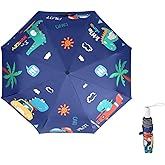 Afkengung Kids Automatic Folding Umbrella Digital Cartoon Dinosaur Printing UV Resistant Travel Umbrella Anti-rebound Design Safer Compact Windproof Umbrella for Kids Boys