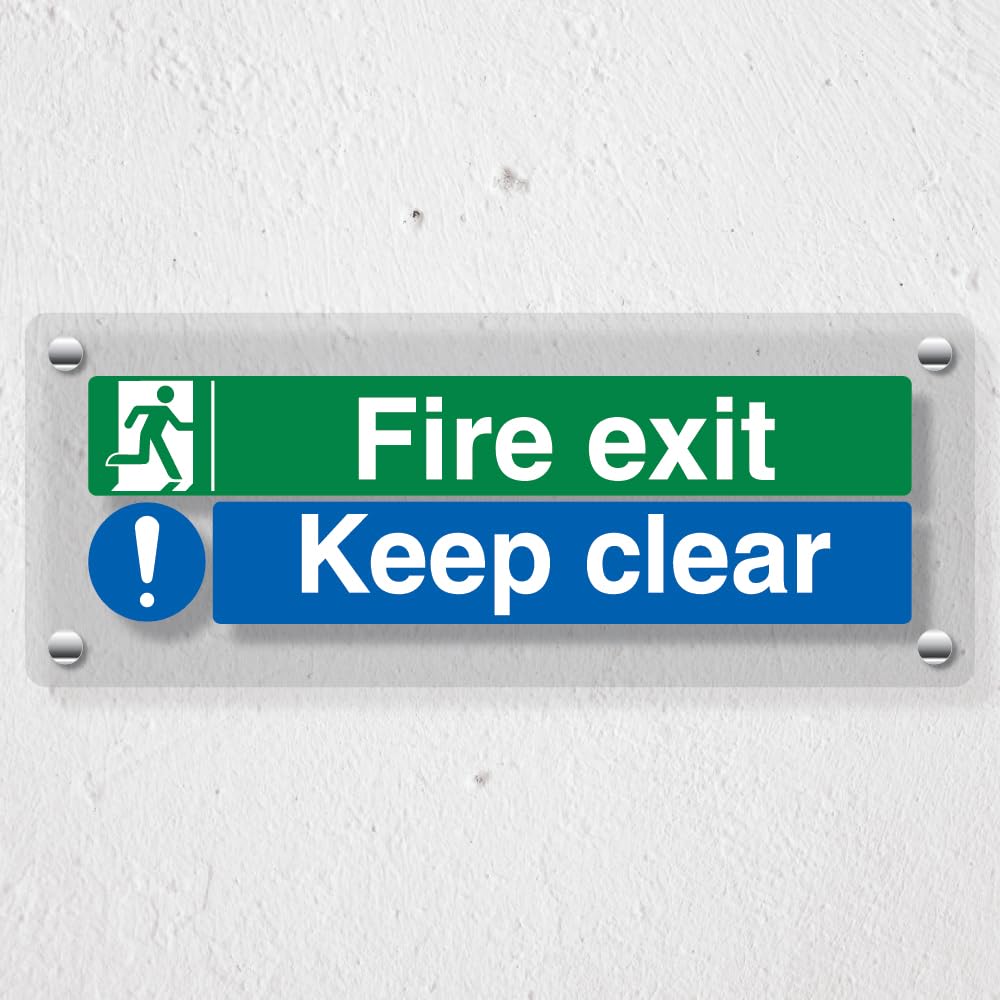 V Safety Fire Exit/Keep Clear - 300 x 100 mm - Acrylic Perspex Cast Clear Safety Sign