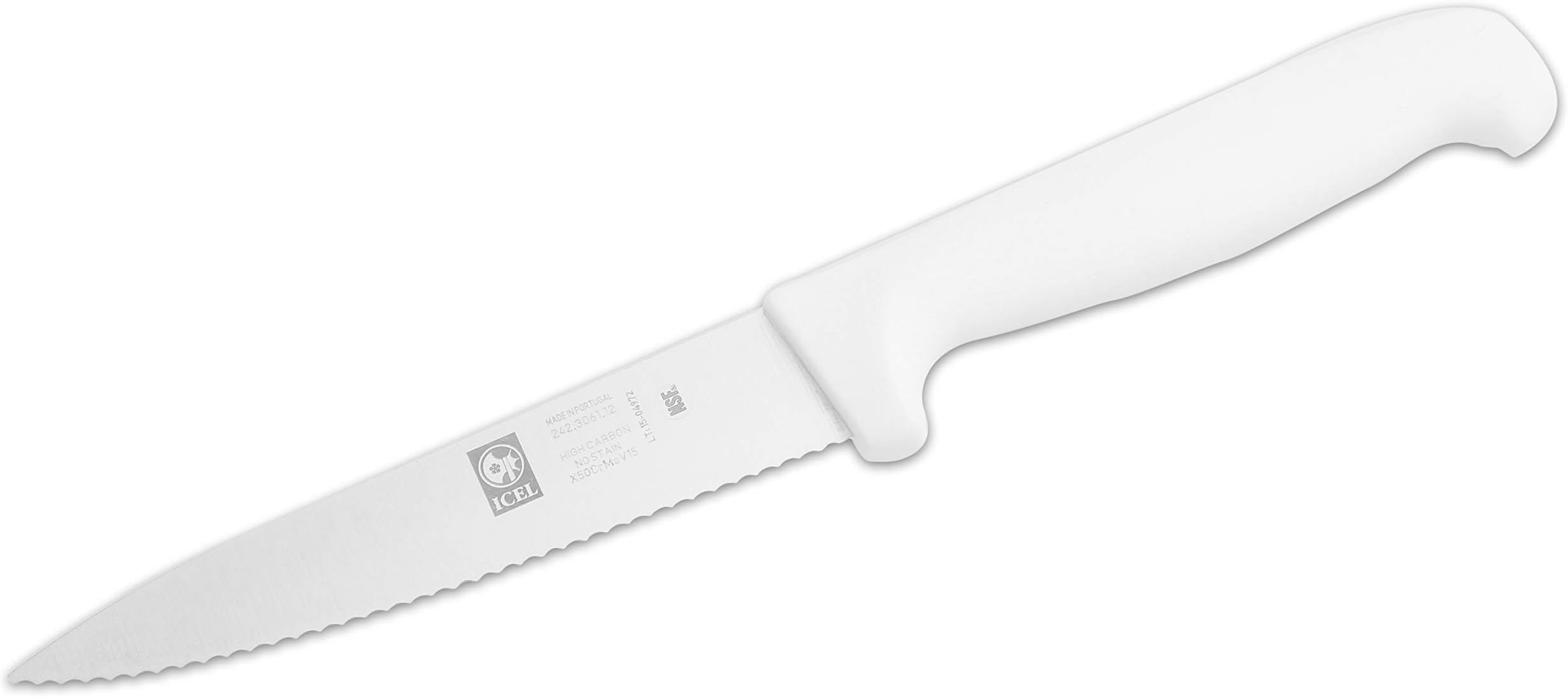 5 Inch Serrated Edge, High Carbon German Stainless Steel razor Sharp Blade, Super Grip, White Handle, Kitchen Utility knife.