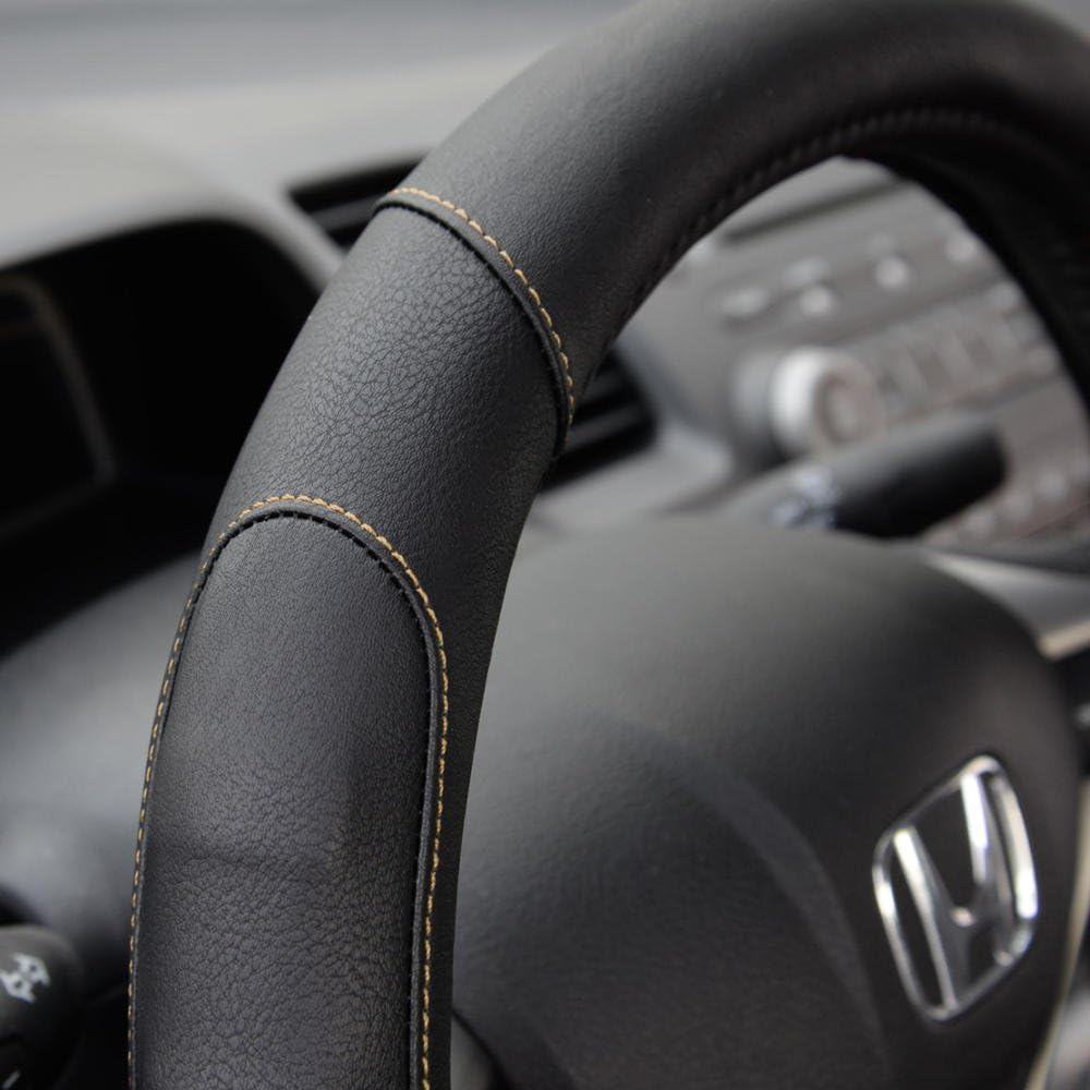 Motor Trend GripDrive Pro Synthetic Leather Auto Car Steering Wheel Cover Black w/ Beige Accent Stitching Comfort Grip - Small 13.5 to 14.5 inch - SW-761-BG-S__AM: Automotive