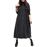 ebossy Womens Corduroy Button Down Shirt Dress Long Sleeve Lapel A-Line Pleated Midi Long Dress with Pockets