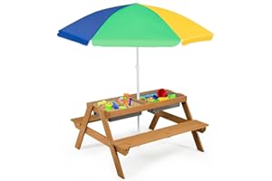 HONEY JOY Kids Picnic Table, 4 in 1 Cedar Wooden Sand & Water Table w/ 2 Removable Box & Umbrella, Kids Picnic Tables for Outdoors Backyard Garden, Toddler Patio Furniture Set for Boys Girls(Colorful)