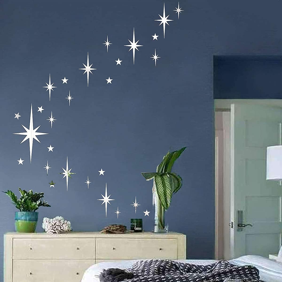 Star Mirror Wall Stickers Retro Starburst Mirror Wall Decals Silver 3D Acrylic Sparkle Wall Decors Stars Wall Stickers Removable Star Decals Bedroom Living Room Bathroom Home Wall Decors