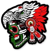 Mexican Aztec Skull Sticker - Mexican Flag Mexico Decal, 3 in | For Water Bottle, Phone, Car, Tumbler, Laptop, Waterproof Vinyl