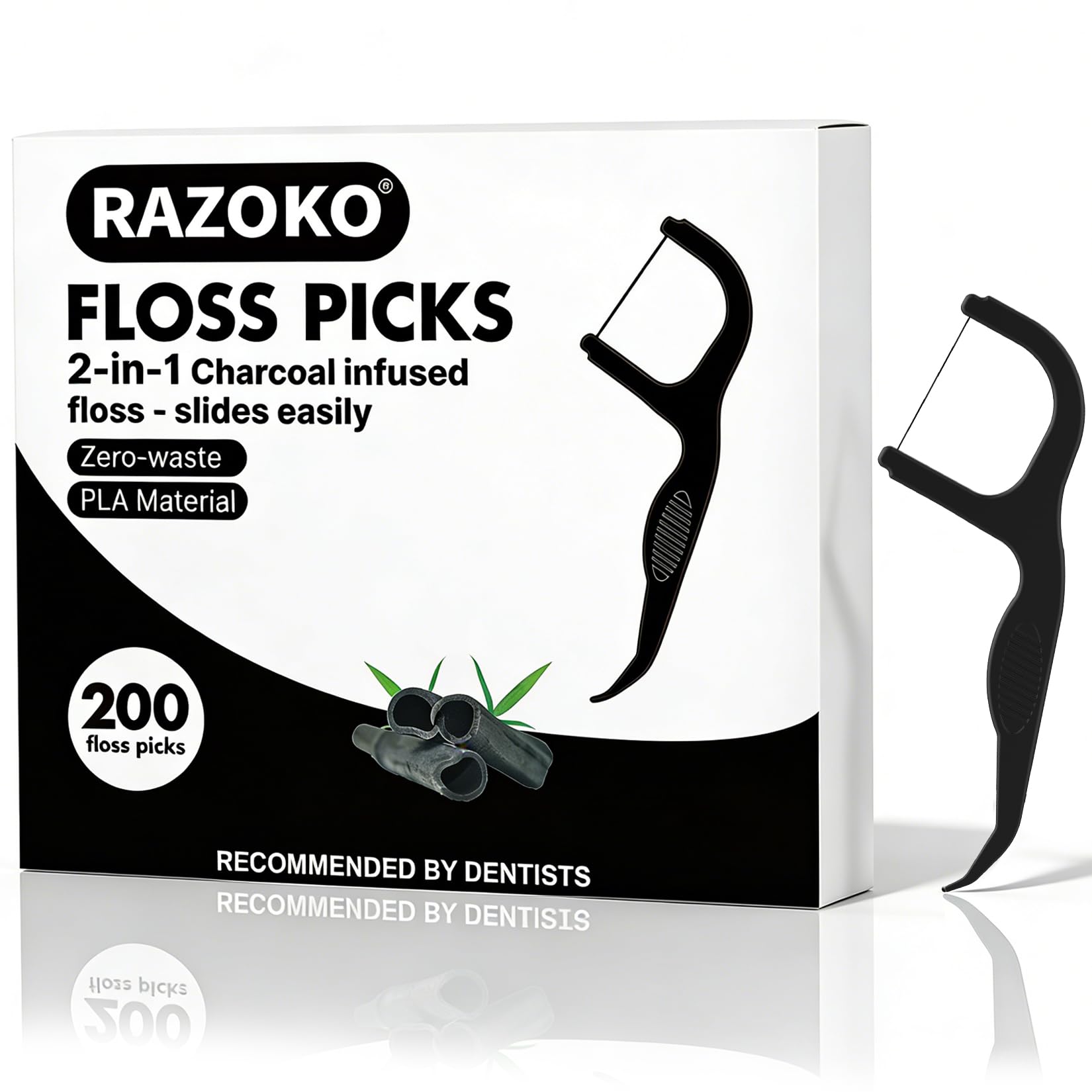 Natural Dental Floss Picks High Toughness Charcoal Toothpicks Sticks-Vegan,Eco-Friendly Sustainable Flossers for Teeth Cleaning (200 Count)