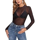 YYA Sparkly Mesh Top for Women Long Sleeve Round Neck Mesh Shirt Sheer Shiny Top Solid Floral Tee Shirts S-XXL