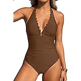 Aidonger Women's One Piece Halter Swimsuit Tummy Control Ruched Slimming Bathing Suit Scalloped Swimwear