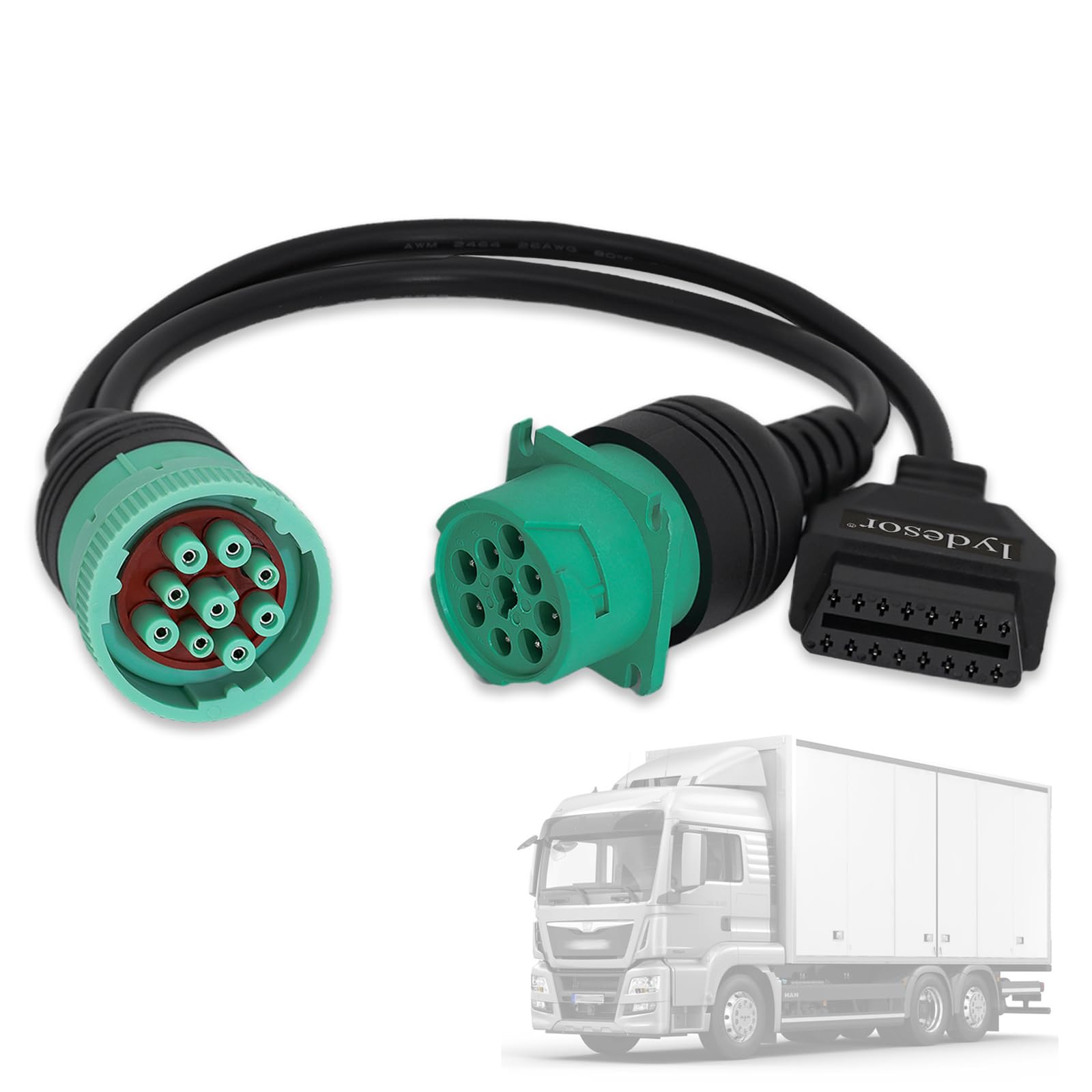 Photo 1 of lydesor J1939 9 Pin to OBD 2 Female Adapter Cable,Work with Truck Diagnostic Scanner Type 2 Green J1939 Diagnostic Connector,OBD to 9 Pin J1939 Y Cable Fit for Heavy Duty Commercial Truck ELD GPS