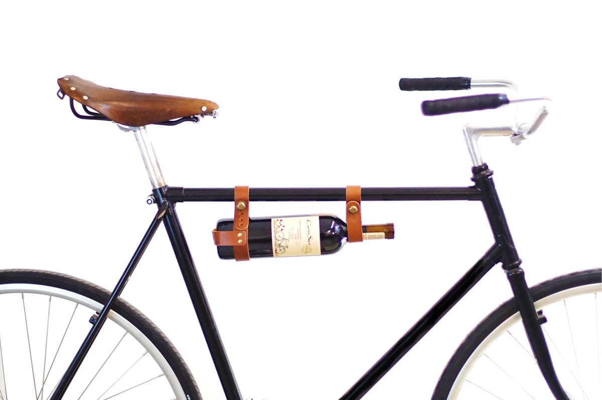 Oopsmark Bicycle Wine Rack Carrier - Bike Bottle Holder - Tan Leather