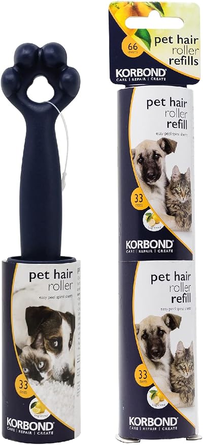 Korbond Pet Lint Roller & Refill Set 99 Sheets Citrus Scent Blue
