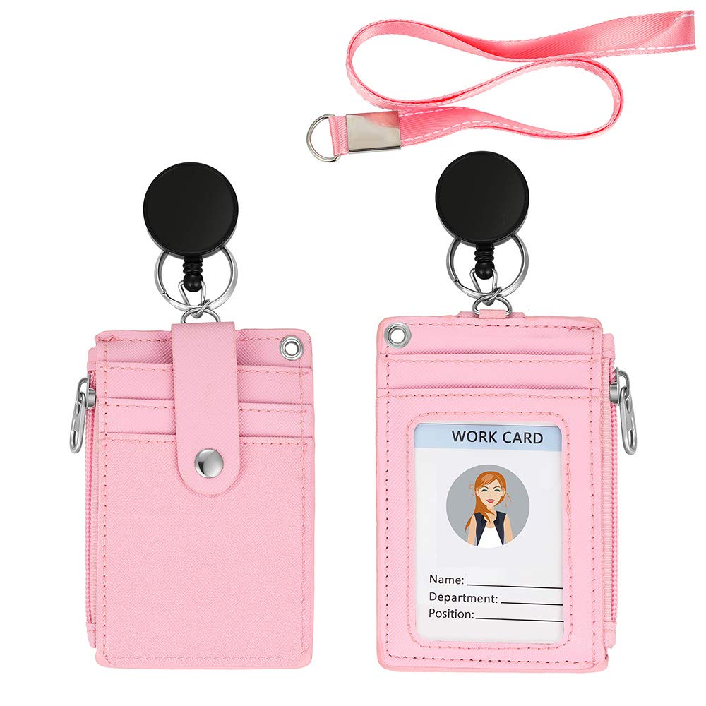 Photo 1 of ?2025 Latest? Cute ID Badge Holder Retractable Lanyard Reel Clip with Heavy Duty Carabiner, 5 Card Slots in 2 Sided with Key Ring and Zipper for Students Teens Boys Girls Office Staff Women (Pink)