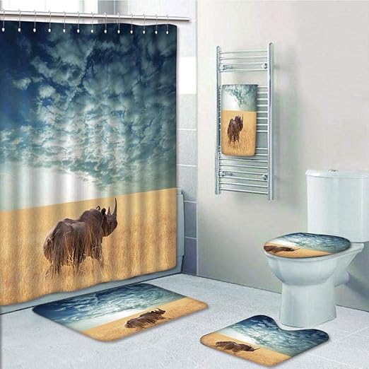 Amazon Com Bathroom 5 Piece Set Shower Curtain 3d Print Multi Style Safari Decor Rhino Rhinoceros Sun Shining Through Cloudy Sky Grassland Autumn View Picture Bath Mat Bathroom Carpet Rug Non Slip Bath Towls Home Kitchen