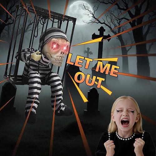Horror Halloween Decorations, Animated Skull Prisoner in Cage with Motion Sensor, Scary Hanging Ornaments for Indoor & Outdoor Party, Prank Props for Halloween