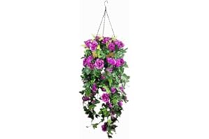 Mynse Home Wedding Christmas Hanging Basket Decorative Silk Plant Artifcial Hanging Silk Rose Flower Vines (Big Basket) (Purp