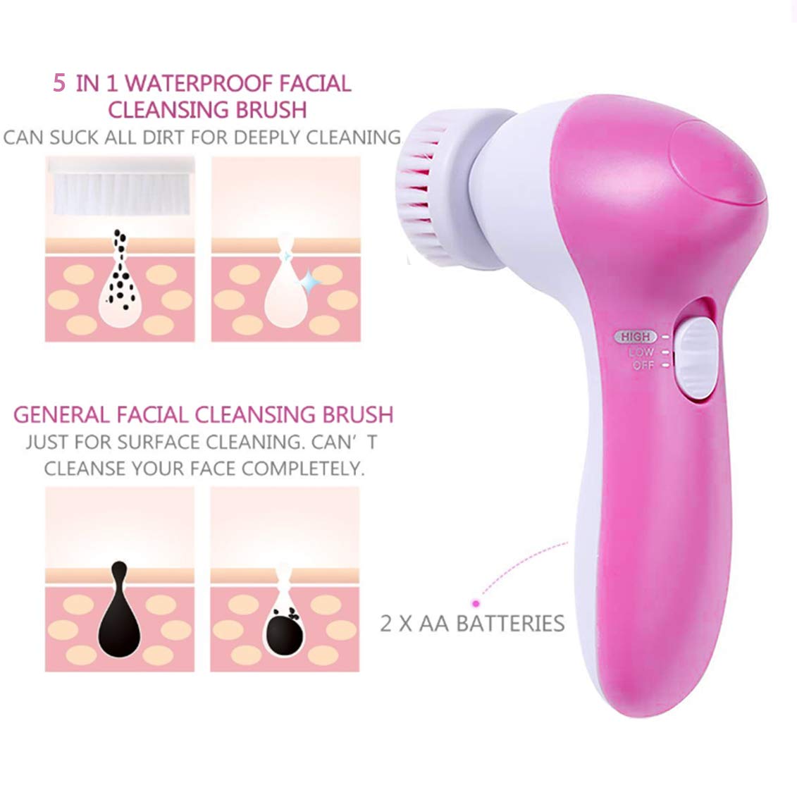 【 Newest 2020 】Gackoko Facial Cleansing Brush-Waterproof Face Spin Brush Set with 5 Brush Heads，Gentle Exfoliating and Removing Blackhead，Deep Cleansing face (PINK): Beauty