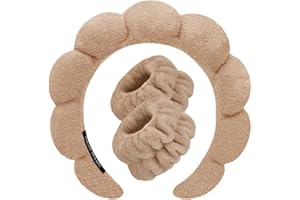 TETIZO Spa Headbands for Washing Face Wristband Set Sponge Makeup Skincare Headband Wrist Towels Bubble Soft Terry Towel Cloth Hairband for Women Puffy Headwear Non Slip Thick Thin Hair (Coffee)