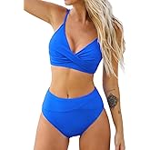 CUPSHE Women's Bikini Sets Two Piece Swimsuit High Waisted V Neck Twist Front Adjustable Spaghetti Straps Bathing Suit