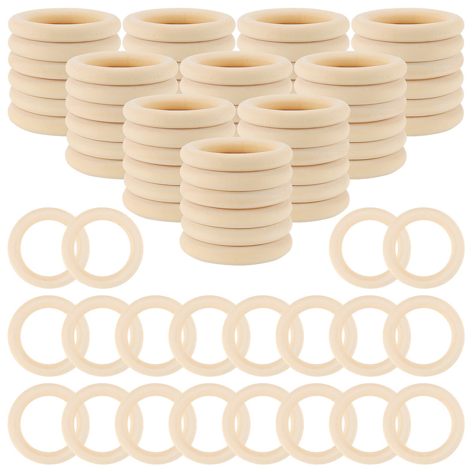 ZEONHEI 50 PCS 55mm Natural Wood Rings, Unfinished Wood Ring Wood Loop Ring, Round Wooden Craft Rings for Jewelry Making DIY Macrame Accessory Ring Pendant Connectors