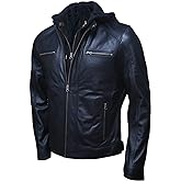 Artistry Mens Genuine Lambskin Leather Motorcycle Jacket with Removable Hood in Black Brown