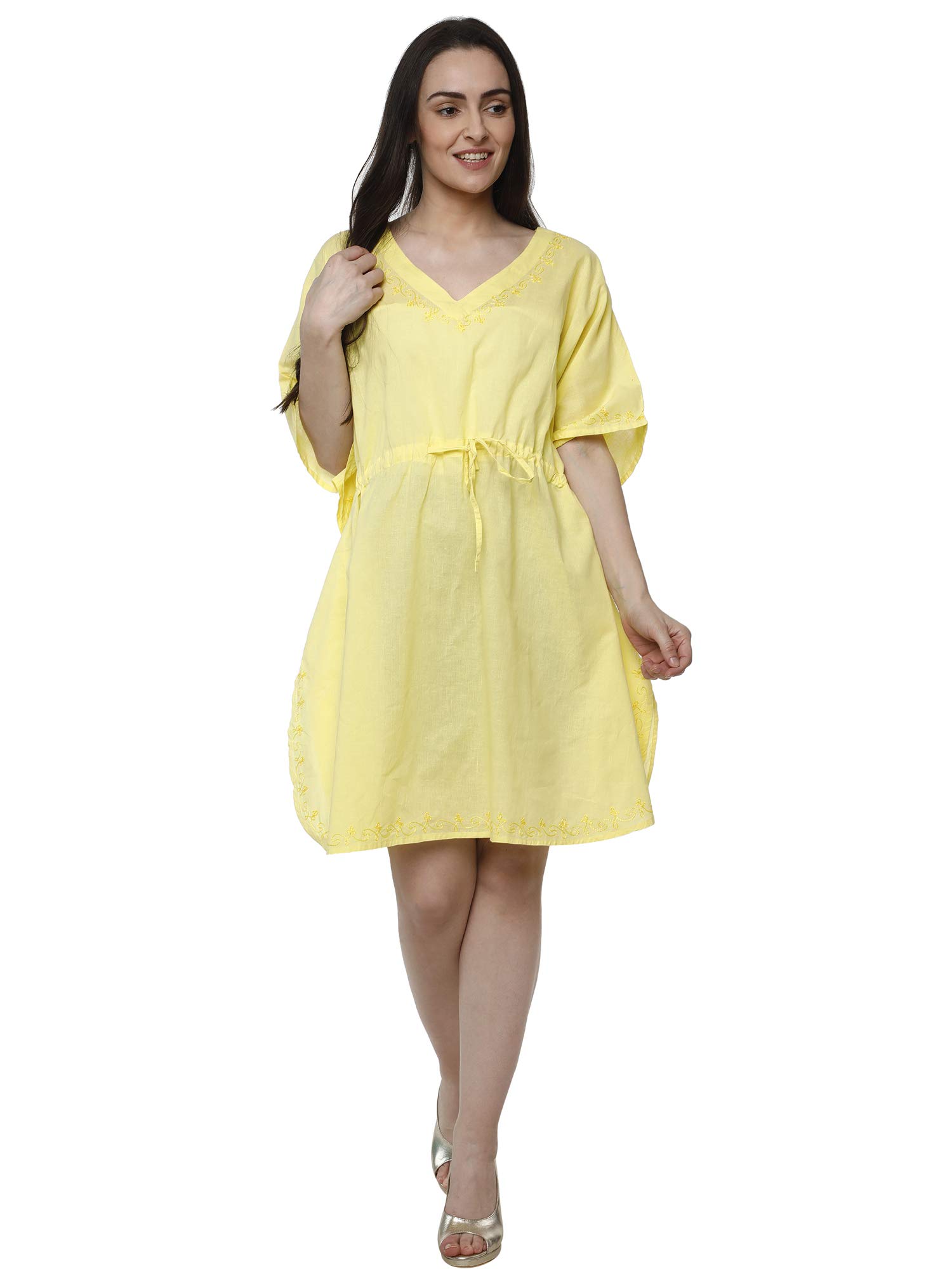SKAVIJWomen's Tunic Cotton Short Caftan Embroidered Dress (Free Size, Yellow)