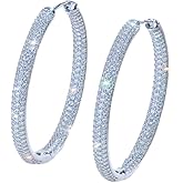 CWWZircons Luxury Cubic Zirconia Big Round Hoop Earrings, White Gold Plated, Clear Crystal Paved, Wedding Engagement Dangle Jewelry for Women