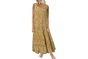 IEPOFG 2023 Women Summer Dress Sleeveless Cotton Linen Maxi Dress Casual Round Neck Floral Printed Flowy Boho Long Dresses