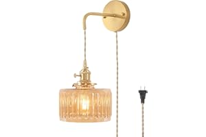 Shenmoyl Vintage Wall Sconce Wall Lamp with Amber Striped Glass Shade Hanging Wall Sconce with 4.9FT Plug in Cord, Modern Wall Lamp Fixtures Decor for Bedside Bedroom Indoor Doorway
