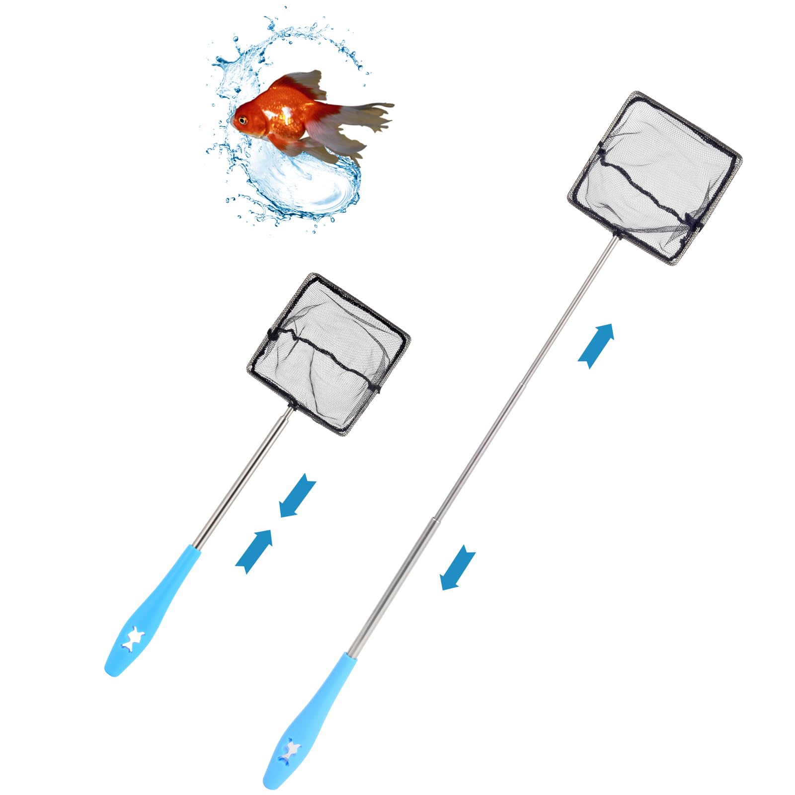 Aquarium Net - Stainless steel Handle Retractable Fish Tank Net - For Catching Small Fish And Shrimp And Cleaning Aquariums, Retractable 31-61 cm, Blue