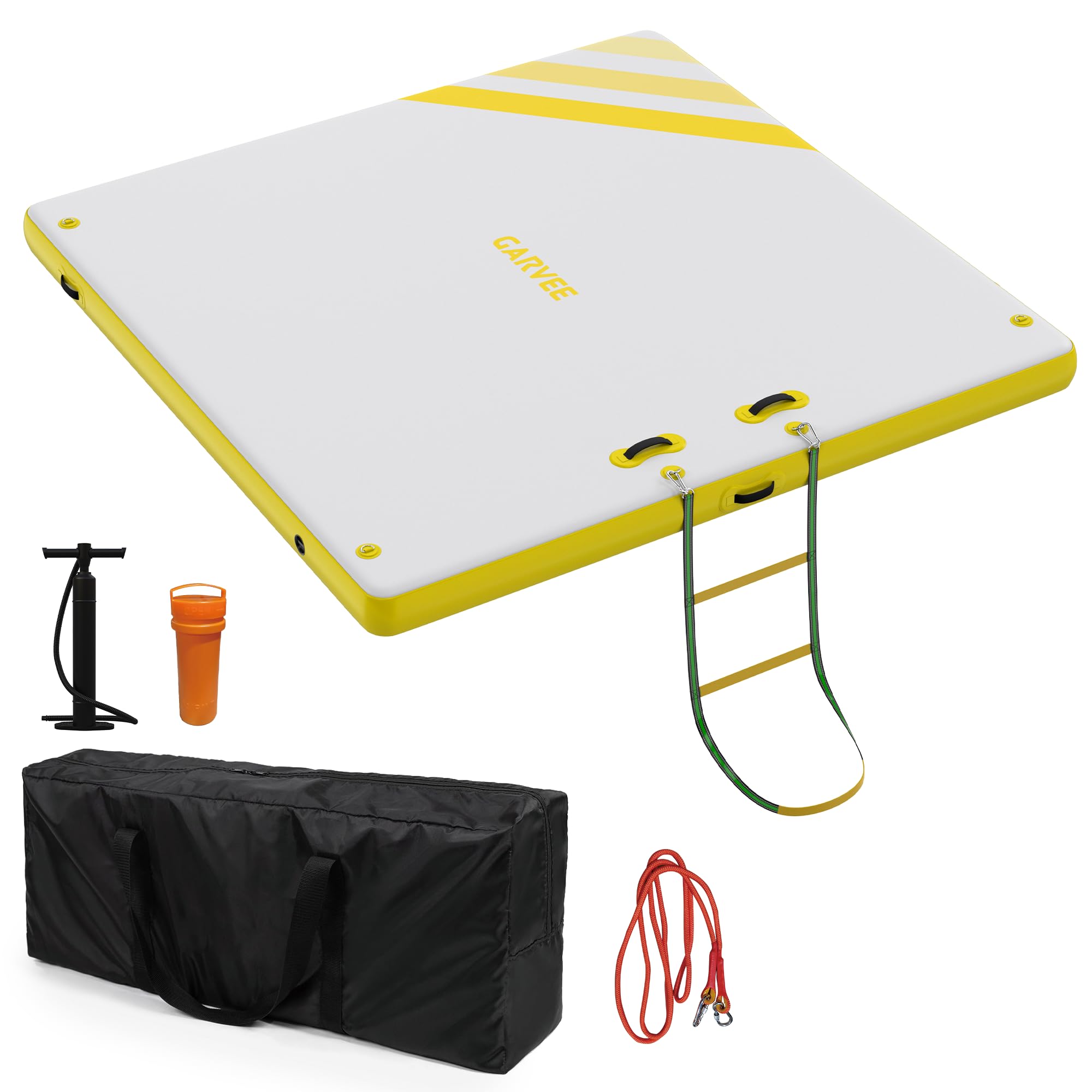 Inflatable Floating Dock Platform – Heavy-Duty Non-Slip Water Mat – Multi-Person Swim Raft for Lake, Pool, Beach – Quick Inflate Air Platform for Adults – Rope Ladder & Carry Bag – Size: 3x3m, Yello